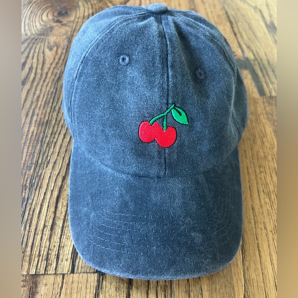 Washed Gray Cherry Embroidered Hat NWOT 100% Cotton